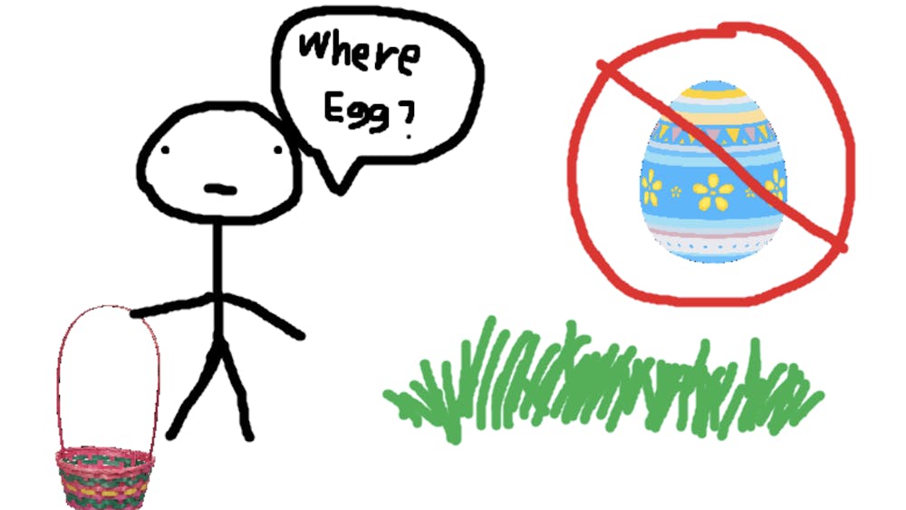 A childish drawing of a student looking for Easter eggs, but there are none hidden in the grass. The student is saying "Where egg?" in the drawing.