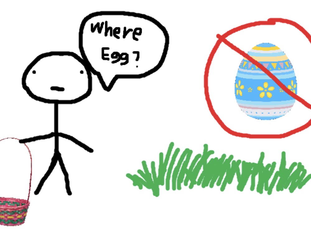 A childish drawing of a student looking for Easter eggs, but there are none hidden in the grass. The student is saying "Where egg?" in the drawing.