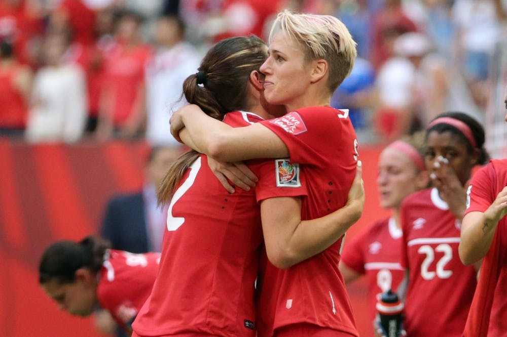  Sophie Schmidt celebrates her goal, which took Canada to the women's soccer semifinals.