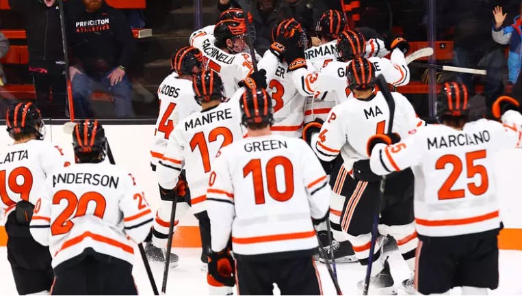 Men's ice hockey players celebrating.