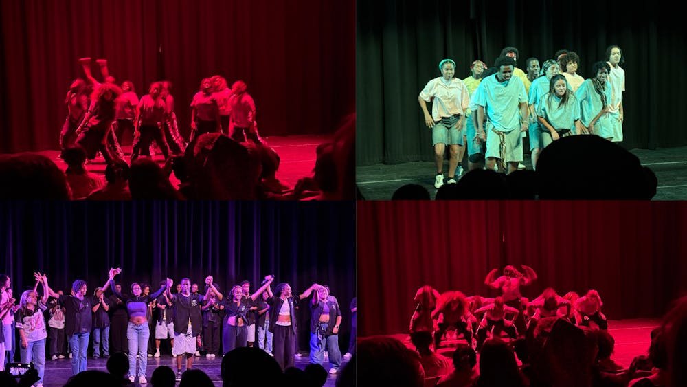 Multicolored photos displaying dozens of members of BAC against a black curtain on a black stage.