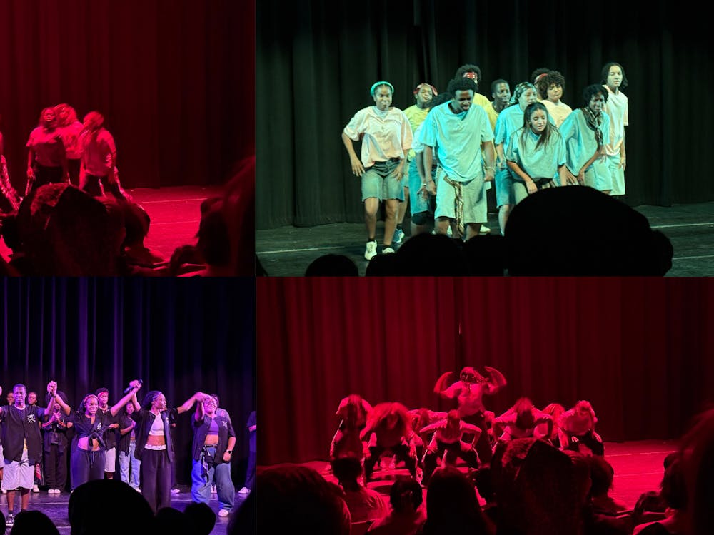 Multicolored photos displaying dozens of members of BAC against a black curtain on a black stage.