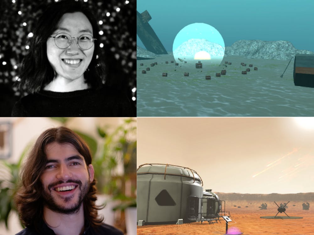 Top left: Yeon Soon Shin, photo: Aaron Kurosu Roek. Bottom left: Rolando Masís-Obando. Top, bottom right: VR landscapes, courtesy of Shin and Masís-Obando.
