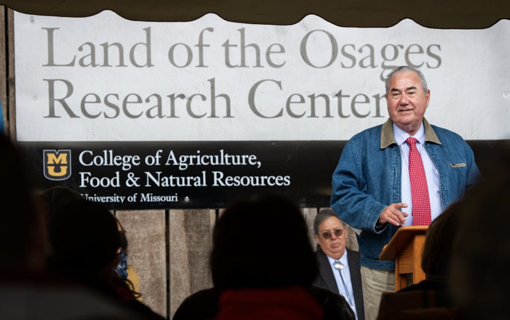 <h5>Chief Standing Bear speaks at the 2019 opening of the Land of the Osages Research Center at the University of Missouri</h5>
<h6>“Land of the Osages Research Center Grand Opening” by Shane Epping / <a href="https://www.flickr.com/photos/cafnr/49013562107/in/photostream/" target="_self">CC BY-NC 2.0</a></h6>