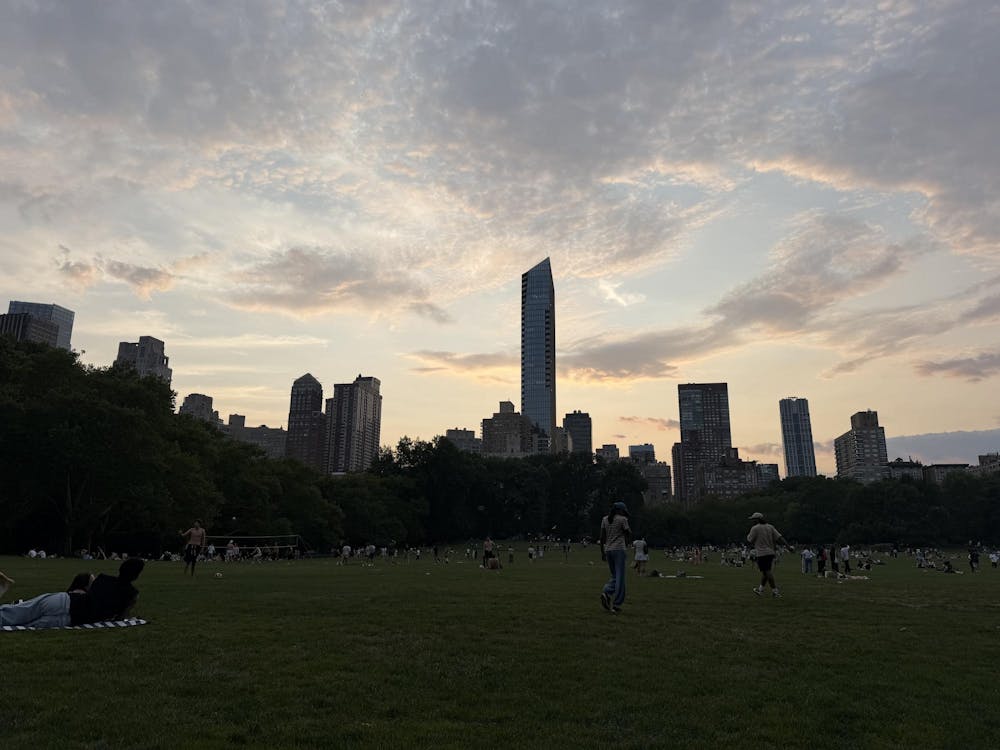 There is green grass in the foreground. People are strewn across the grass in multicolored clothing. The people are doing a range of things including laying on the grass, walking around, or playing catch with a ball. The mid-ground of the image has trees with green leaves. Behind the trees, the New York City skyline is visible with silver buildings of mostly rectangular shape. The sky is cloudy with light pastel colors.