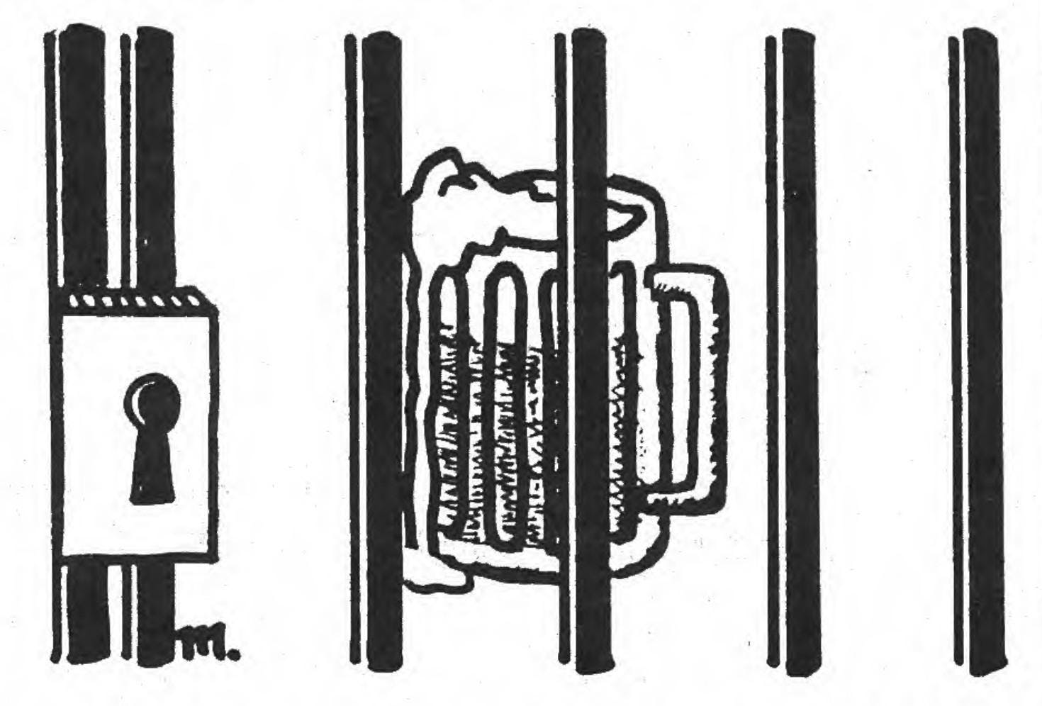 A black-and-white ink drawing of an overflowing mug of beer behind bars with a lock on the left side