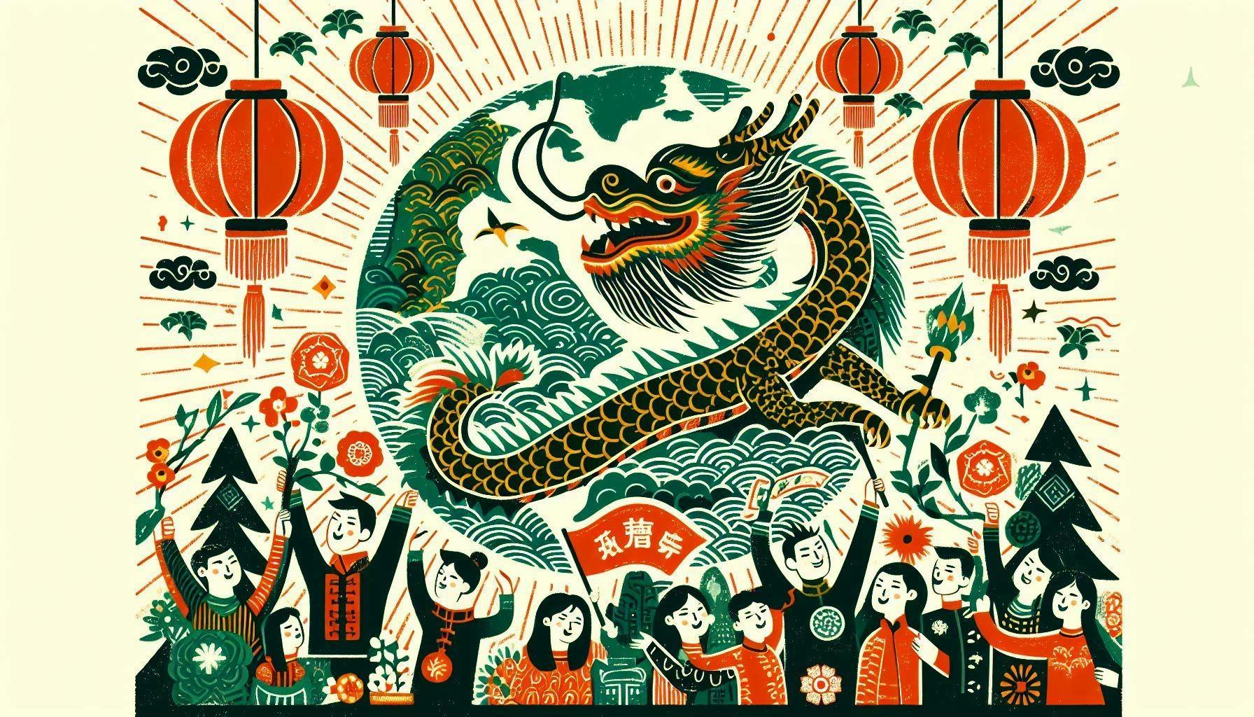 Cartoon people celebrate beneath a giant dragon, depicted in primary colors.