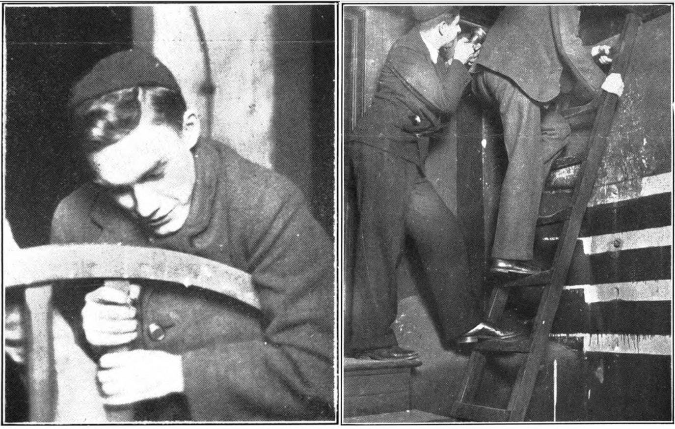 First years in 1929 wear black skullcaps as they attempt to steal the clapper from Nassau Hall. One holds a large wheel while another is pictured climbing a ladder. 