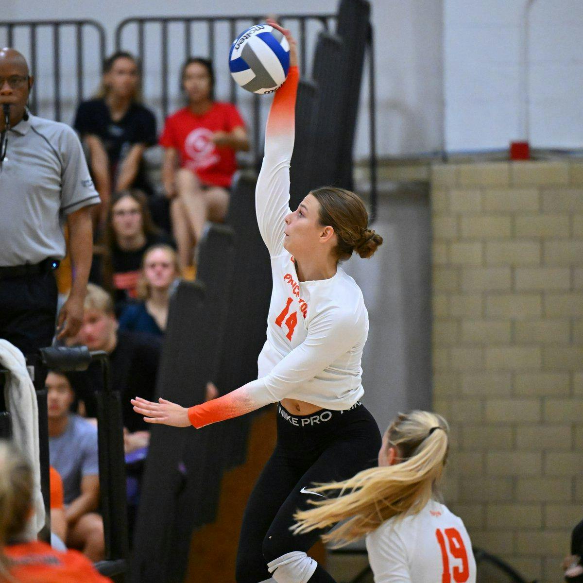 A volleyball player in a white shirt hits a white ball. In the background, spectators watch.