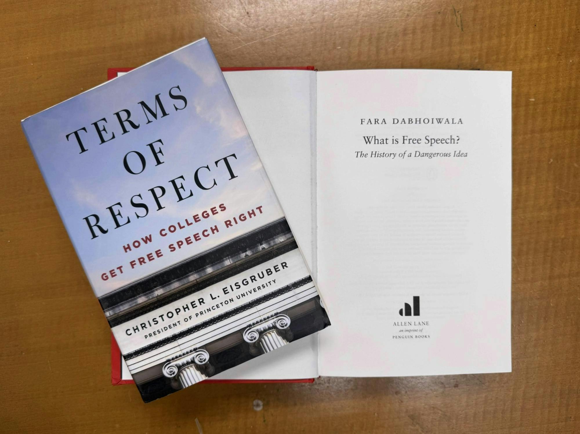 Two books placed next to each other. The book is by Christopher Eisgruber and is titled "Terms of Respect: How Colleges Get Free Speech Right." The book on the right is by Fara Dabhoiwala and is titled "What is Free Speech?" 
