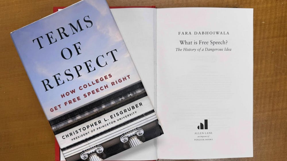 Two books placed next to each other. The book is by Christopher Eisgruber and is titled "Terms of Respect: How Colleges Get Free Speech Right." The book on the right is by Fara Dabhoiwala and is titled "What is Free Speech?"