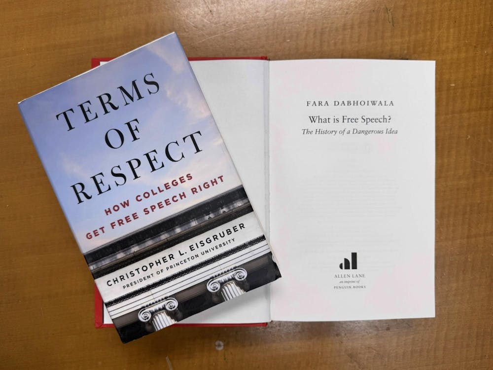 Two books placed next to each other. The book is by Christopher Eisgruber and is titled "Terms of Respect: How Colleges Get Free Speech Right." The book on the right is by Fara Dabhoiwala and is titled "What is Free Speech?"