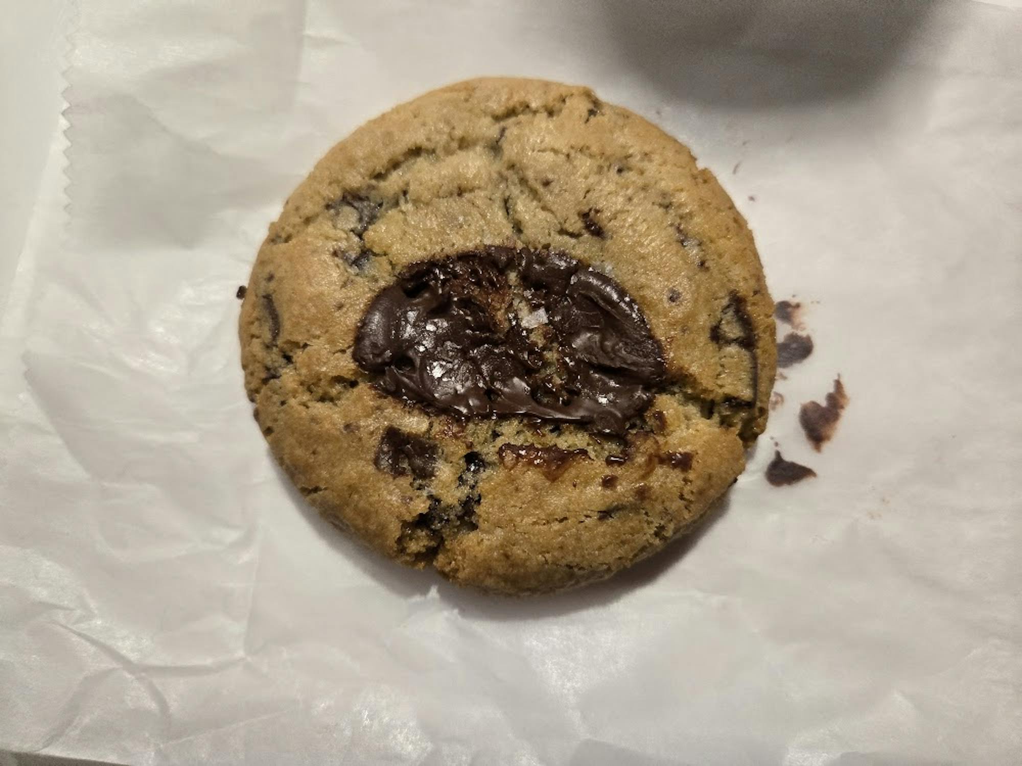 Close-up of a chocolate chip cookie. 