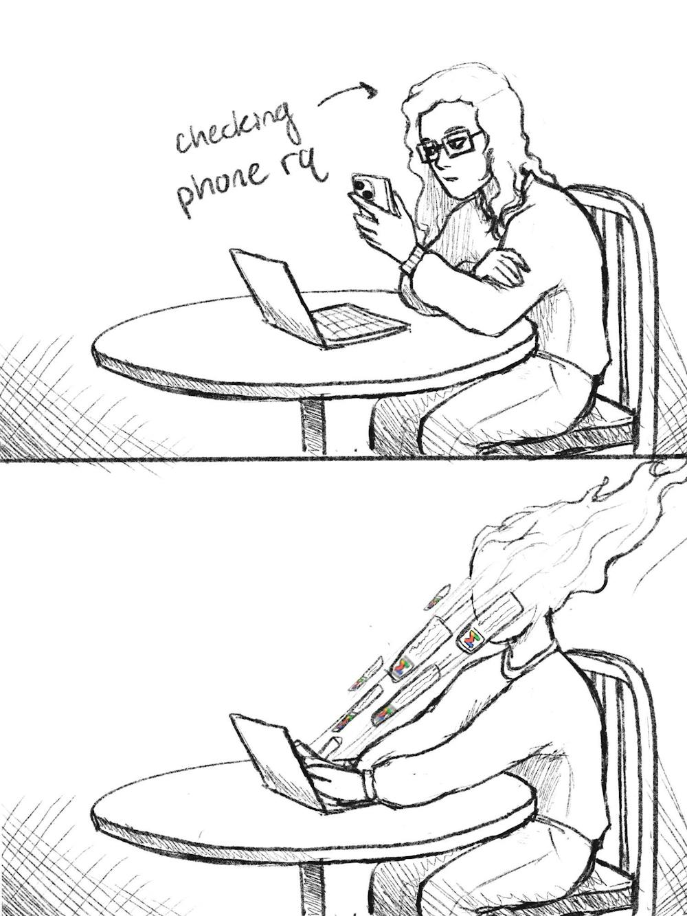 In the first panel a student with glasses is sitting at a table checking her phone. In the second panel she is being blasted in the face with a ton of gmail notifications. Line drawing.