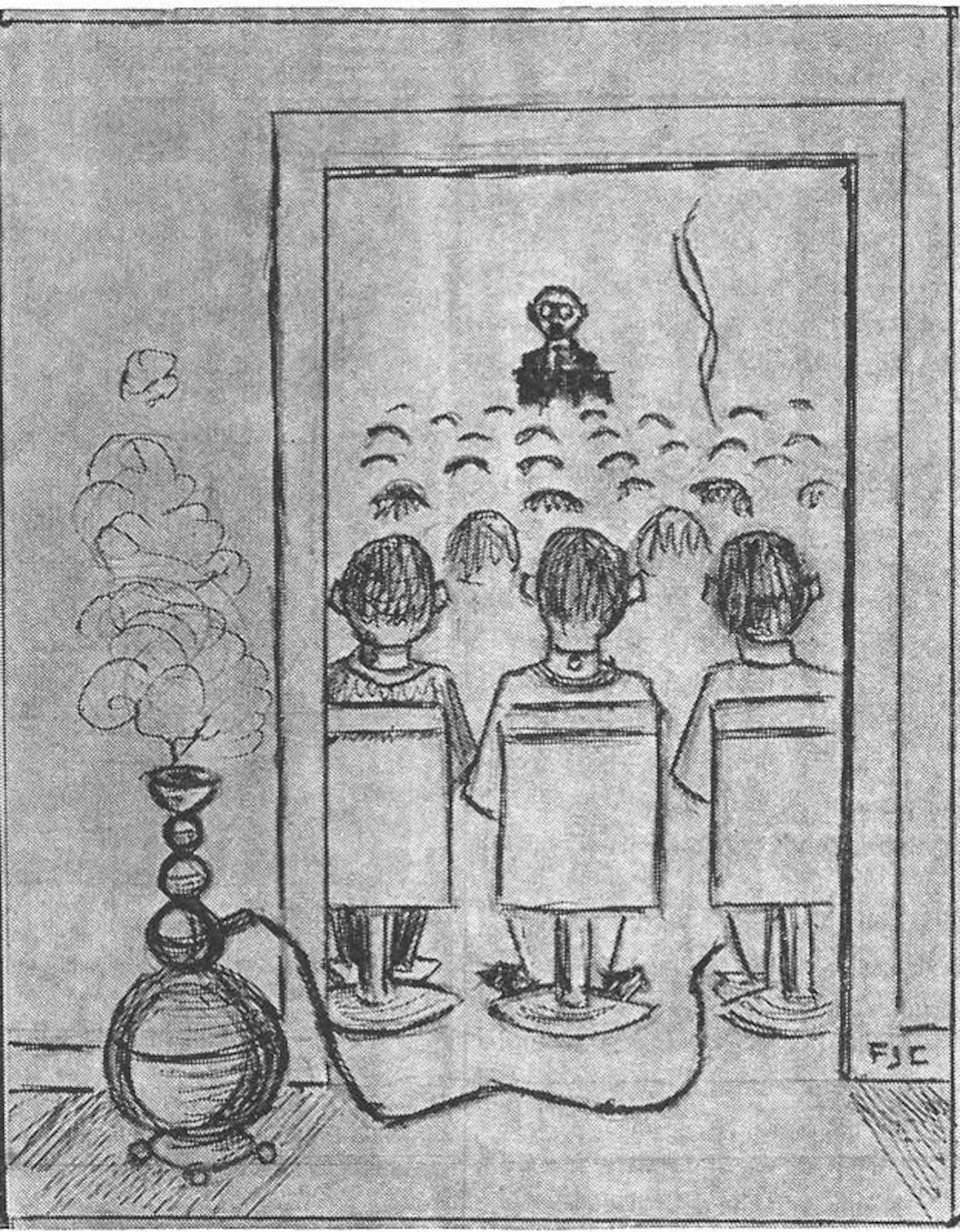 Black and white cartoon of students smoking in a lecture hall while a teacher is instructing.