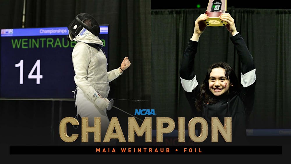 <h5>First-year Maia Weintraub takes home the championship title in the foil event.&nbsp;</h5>
<h6><a href="https://twitter.com/TigerFencing/status/1507496671776849921/photo/1" target="_self">@TigerFencing/Twitter.</a></h6>