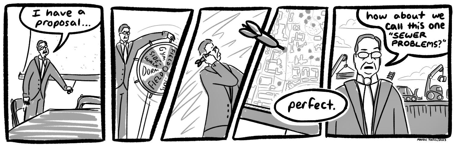 President Eisgruber says he has a proposal. He spins a wheel and throws a dart at a map of Princeton, and that's where the next construction is going to be: "How about we call this one 'Sewer Problems?"