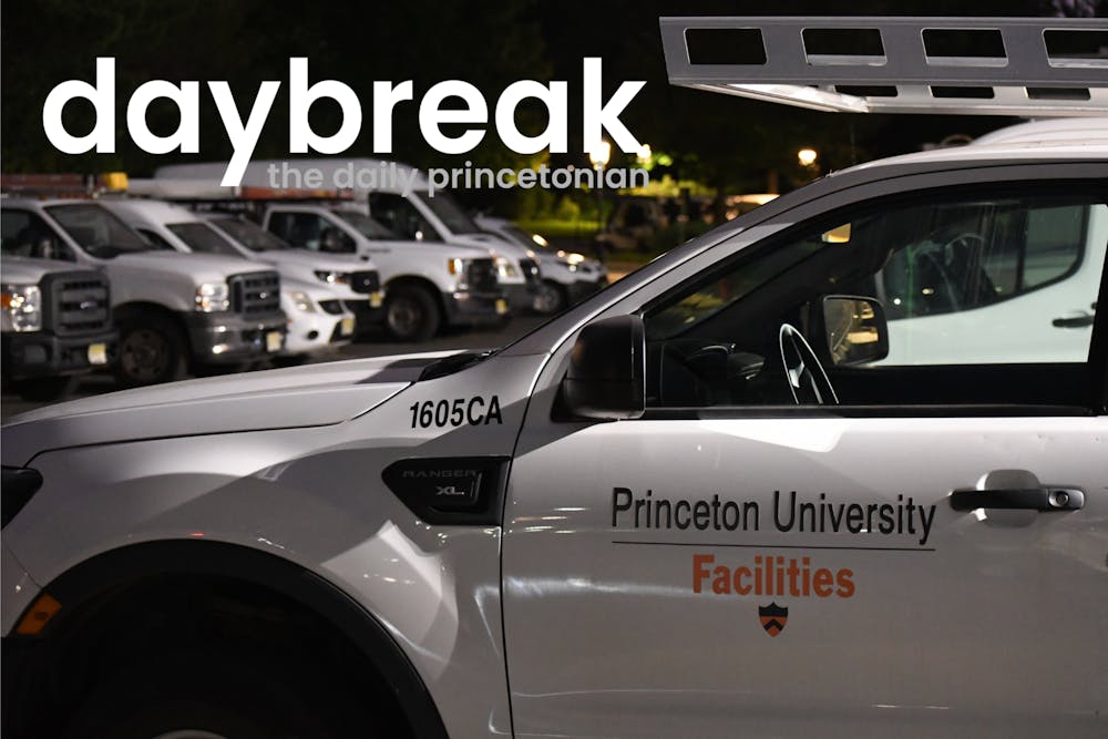 White car with the words "Princeton University Facilities" in front of a row of other vehicles.  The image is superimposed with the words "daybreak: the daily princetonian."