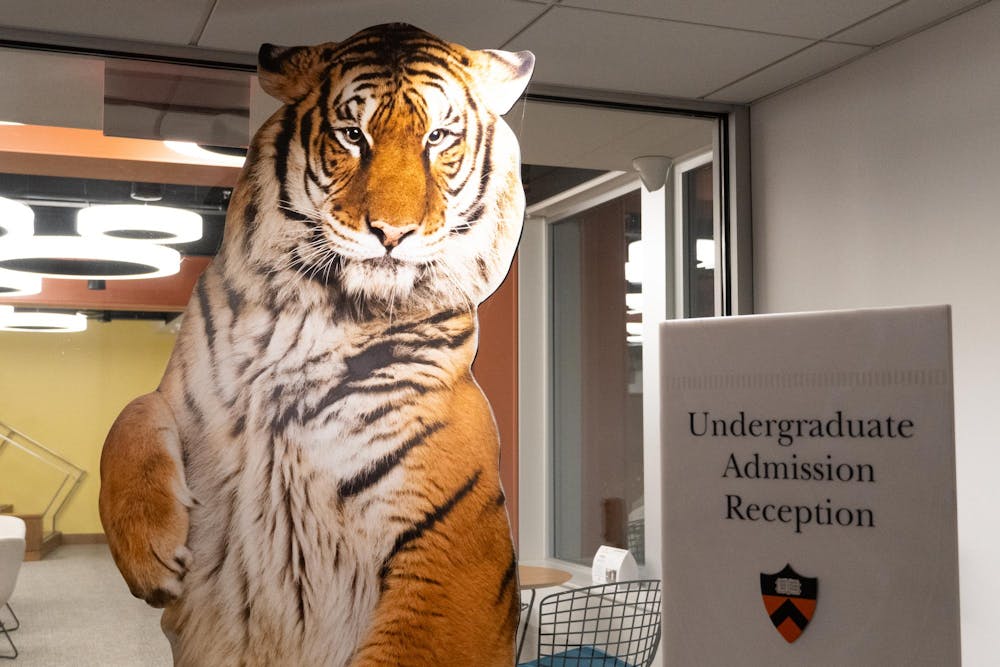 A tiger cutout in a room with circular lights and a grey sign.
