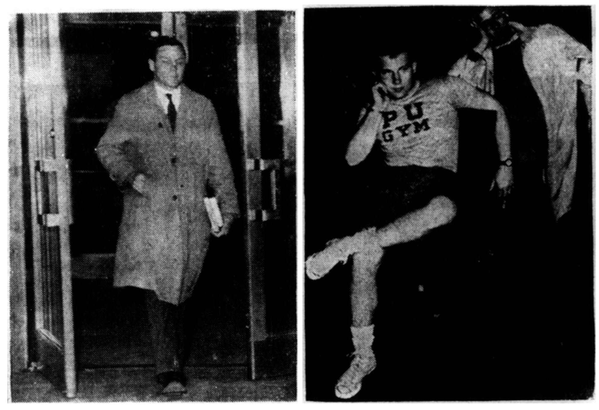 A black and white photo image (left) shows a man walking in formalwear, the other image (right) shows an undergraduate posing sitting in a t-shirt and shorts.