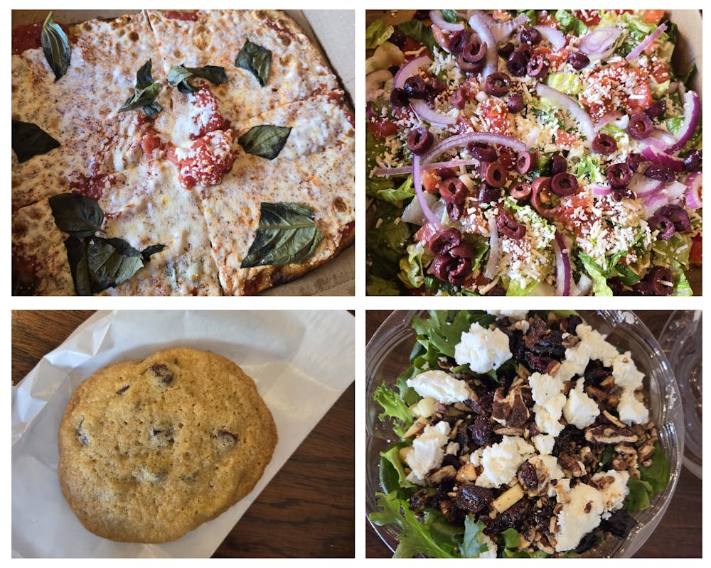 A collage of pizzas, salads, and a cookie ordered at Jules Thin Crust.