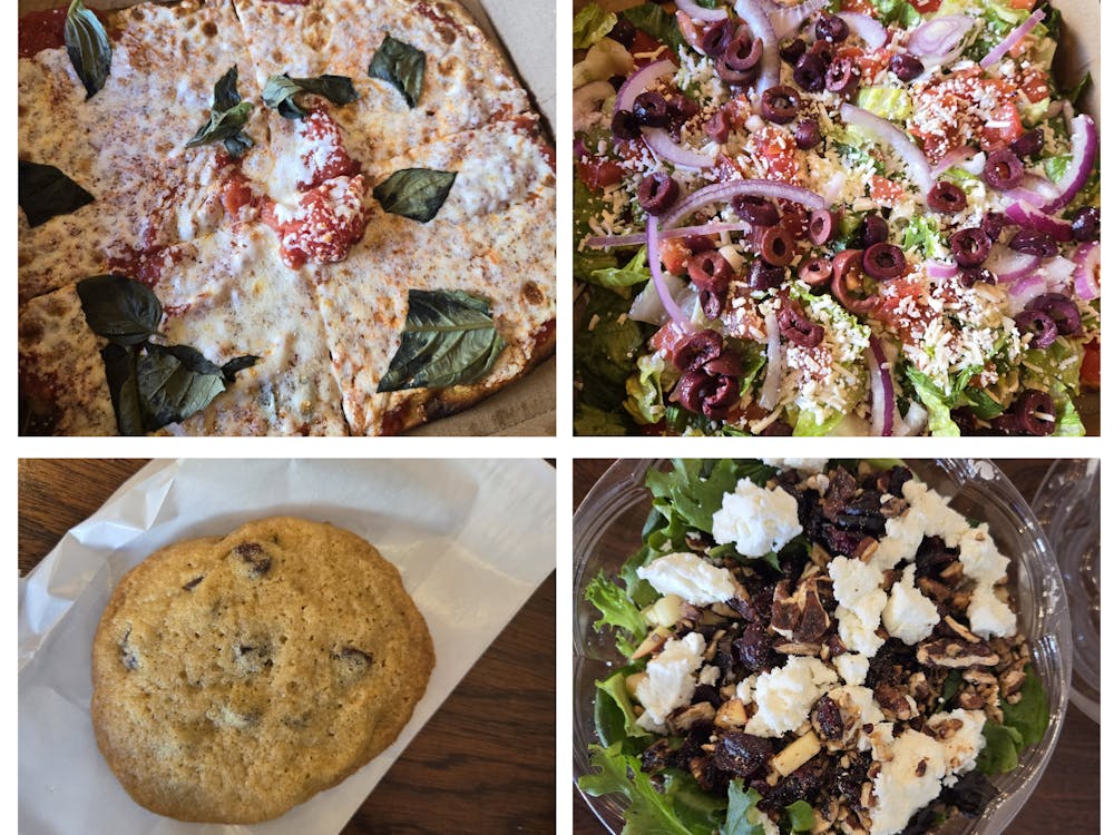 A collage of pizzas, salads, and a cookie ordered at Jules Thin Crust.