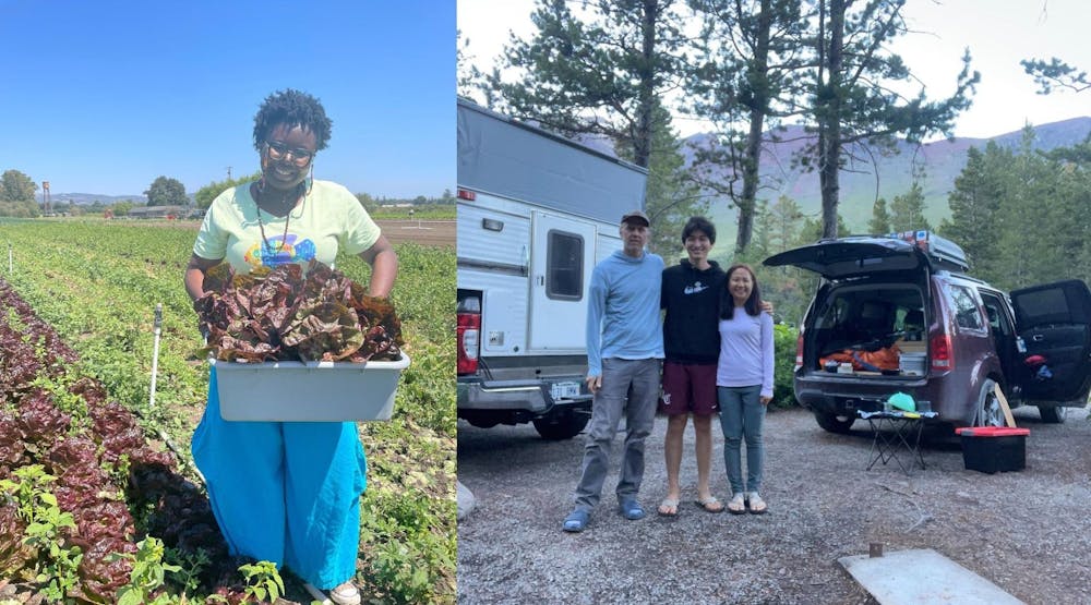 On the left, a student gardens in a field. She is holding a box of picked plants. On the right, a student stands between two adults in front of a camper and left of a Honda Pilot. There is a forest in the background.