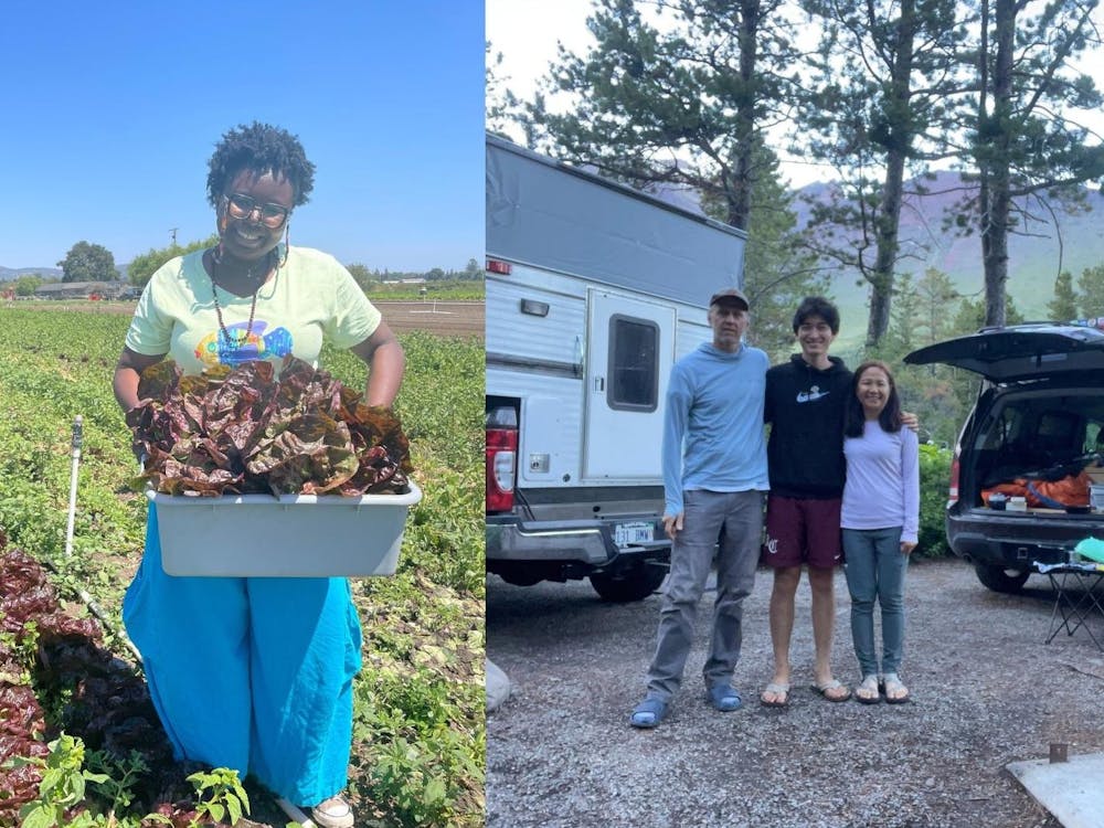 On the left, a student gardens in a field. She is holding a box of picked plants. On the right, a student stands between two adults in front of a camper and left of a Honda Pilot. There is a forest in the background.