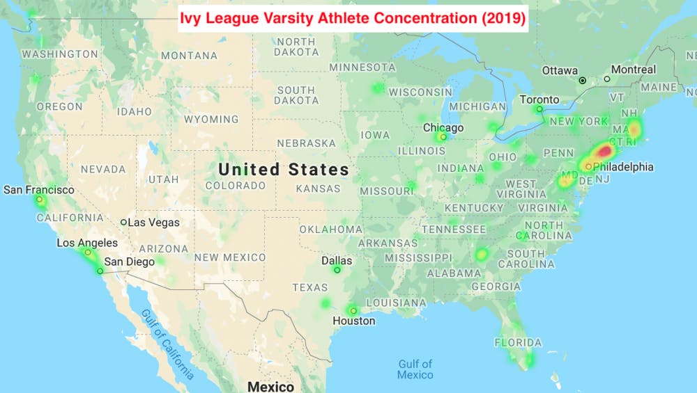 2019 concentration of Ivy League varsity athletes across the United States.