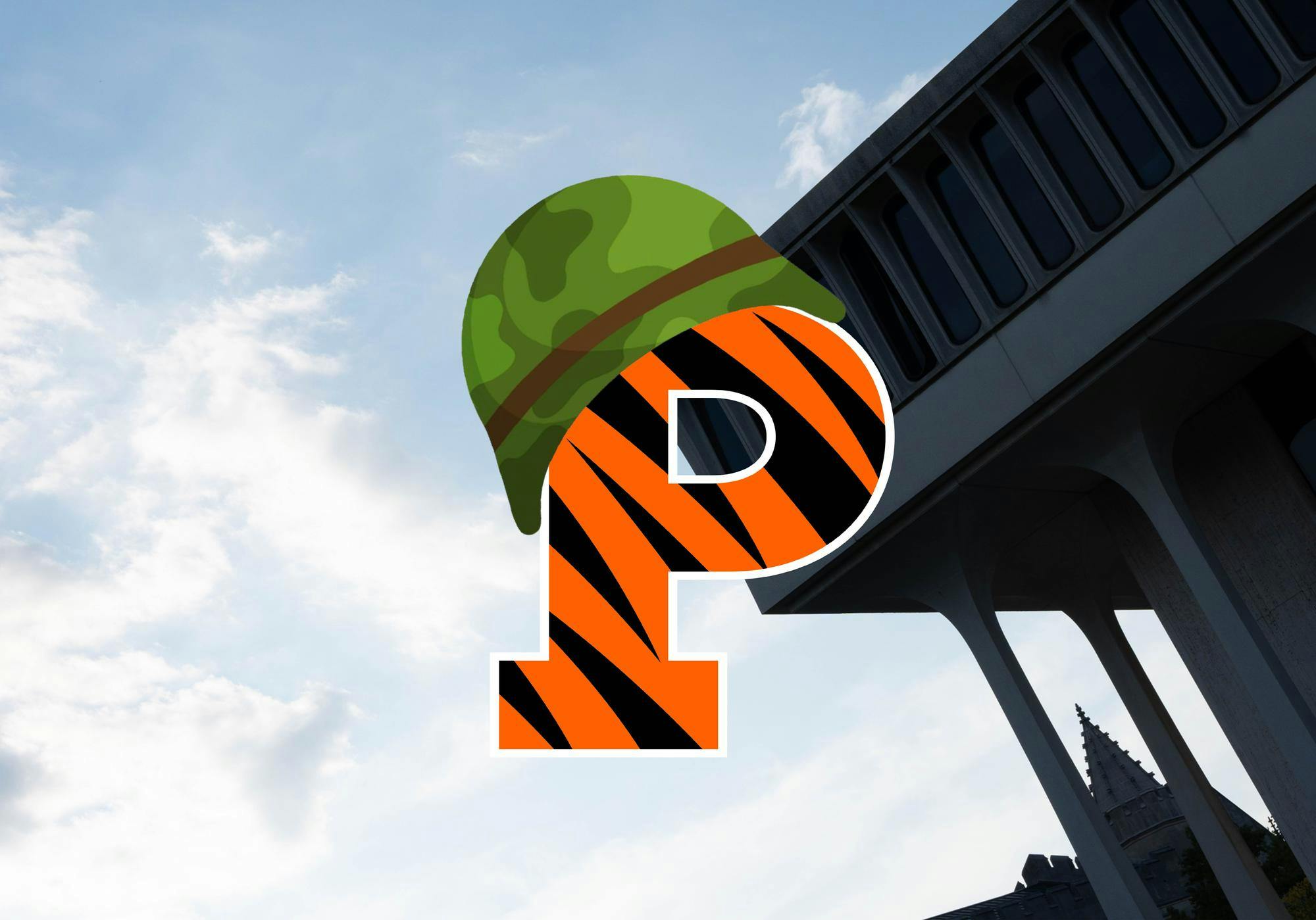 The Princeton logo with a military hat with Robertson hall in the background. 