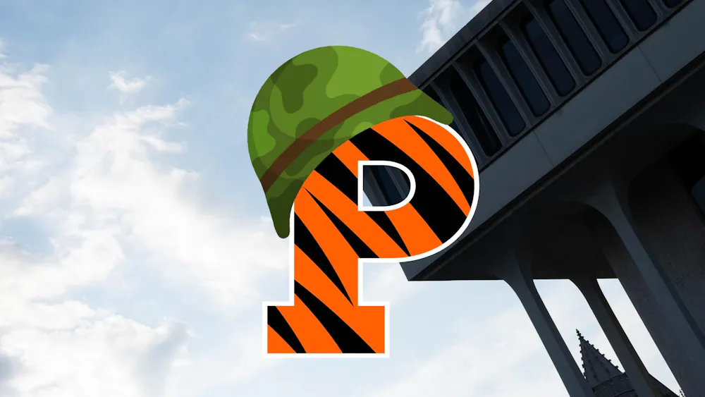 The Princeton logo with a military hat with Robertson hall in the background.