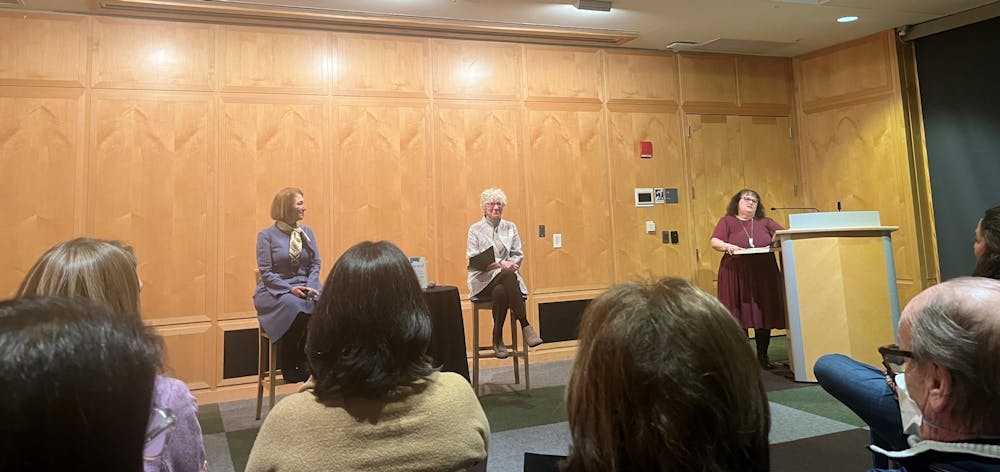 <h5>Dean Dolan speaks with Anne-Marie Slaughter at the Princeton Public Library.</h5>
<h6>Anna Salvatore / The Daily Princetonian</h6>