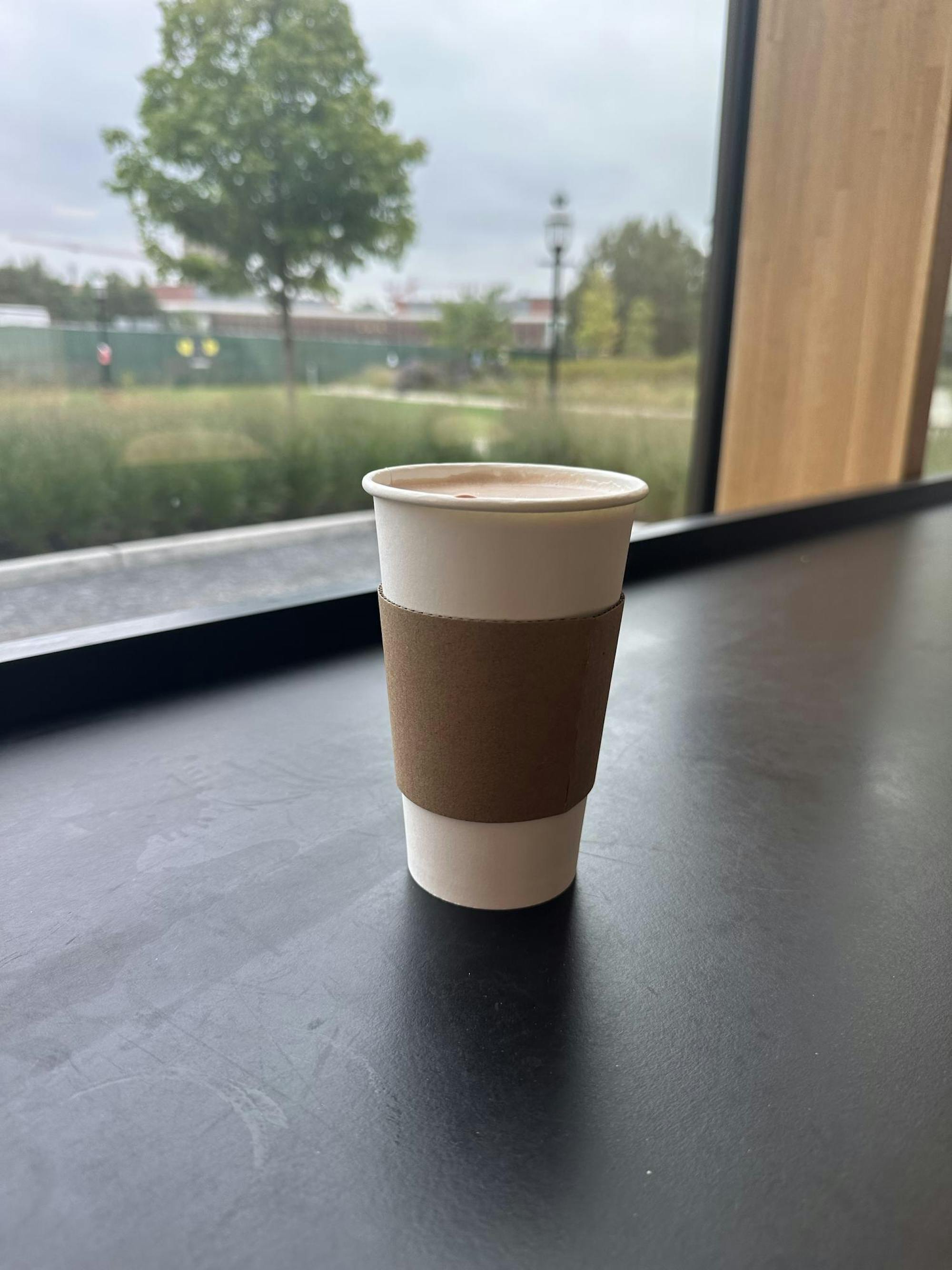 Hot chocolate in a white cup with a brown cup sleeve around the middle.