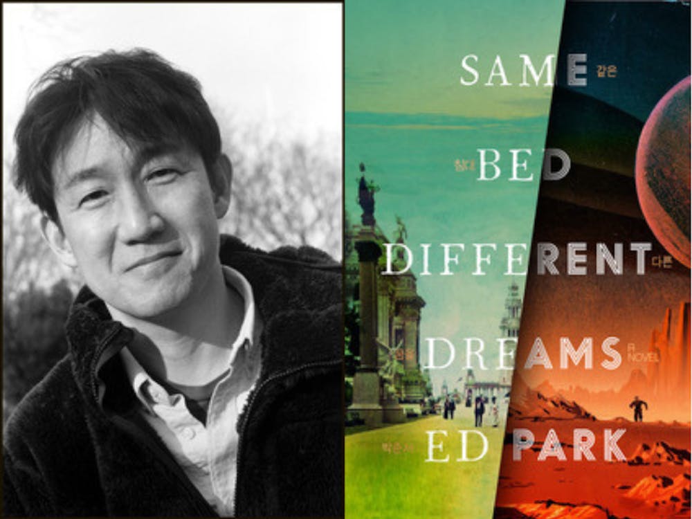 On the left, a man in black and white smiles at the camera. On   On the right, the cover of a book reads "Same Bed, Different Dreams," authored by Ed Park. 