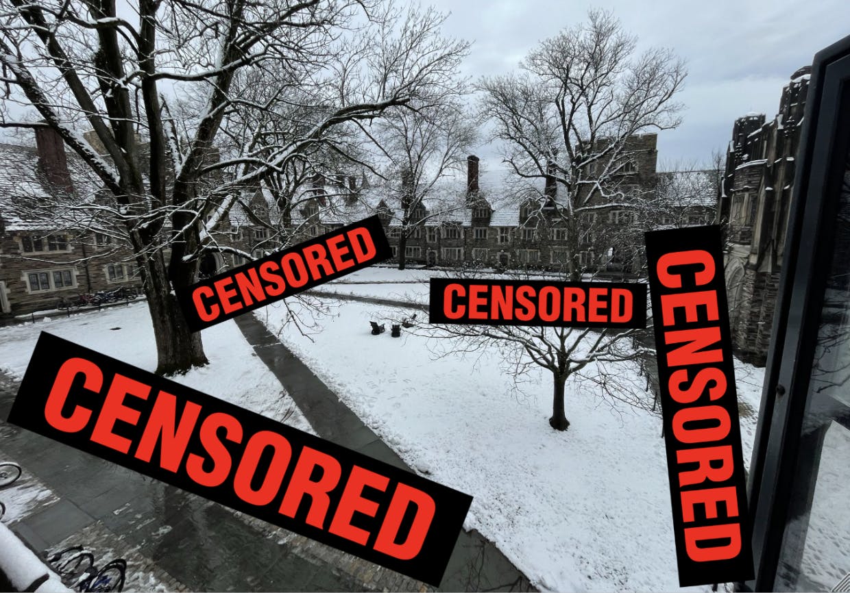 A wide angle photo of snow-covered Holder Courtyard at Princeton University with censor bars photoshopped randomly all over the image.