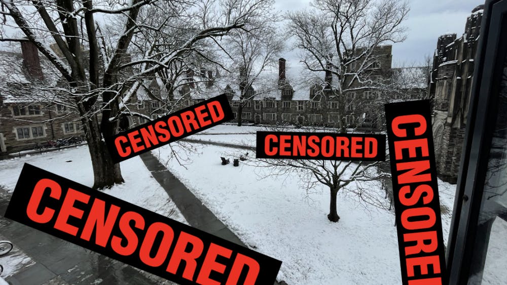 A wide angle photo of snow-covered Holder Courtyard at Princeton University with censor bars photoshopped randomly all over the image.