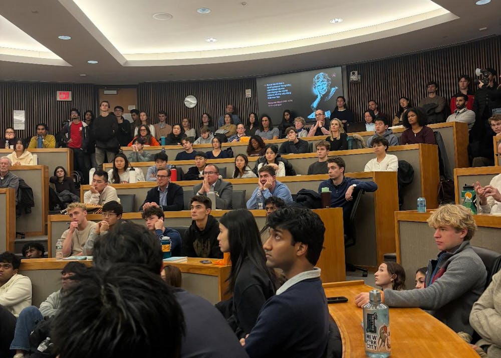 A packed room of students. 
