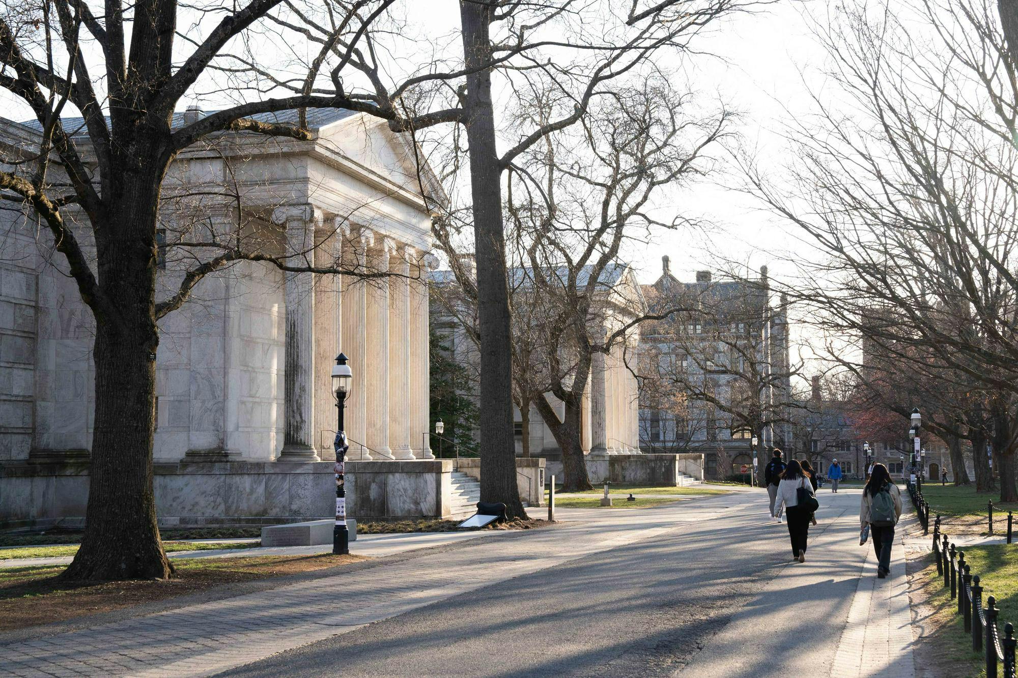 A road runs through the photo. There are a number of trees on both sides. On the left, there are two white buildings which have columns.