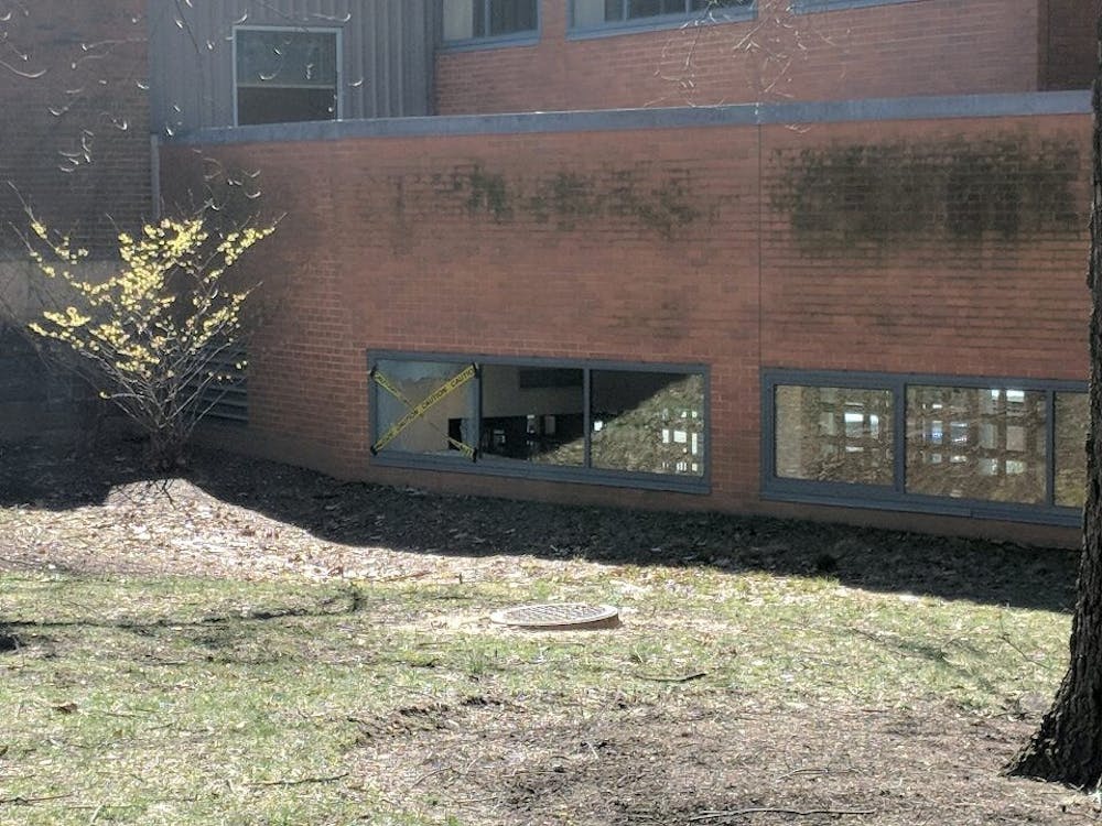 Window broken by deer at Wu Hall