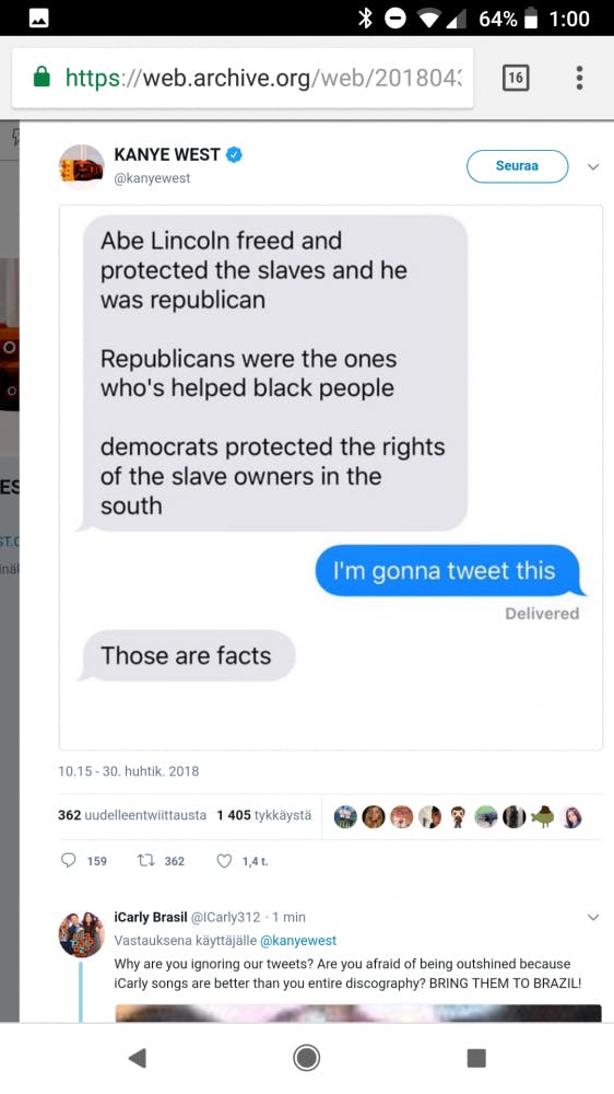 Rapper Kanye West's original tweet.