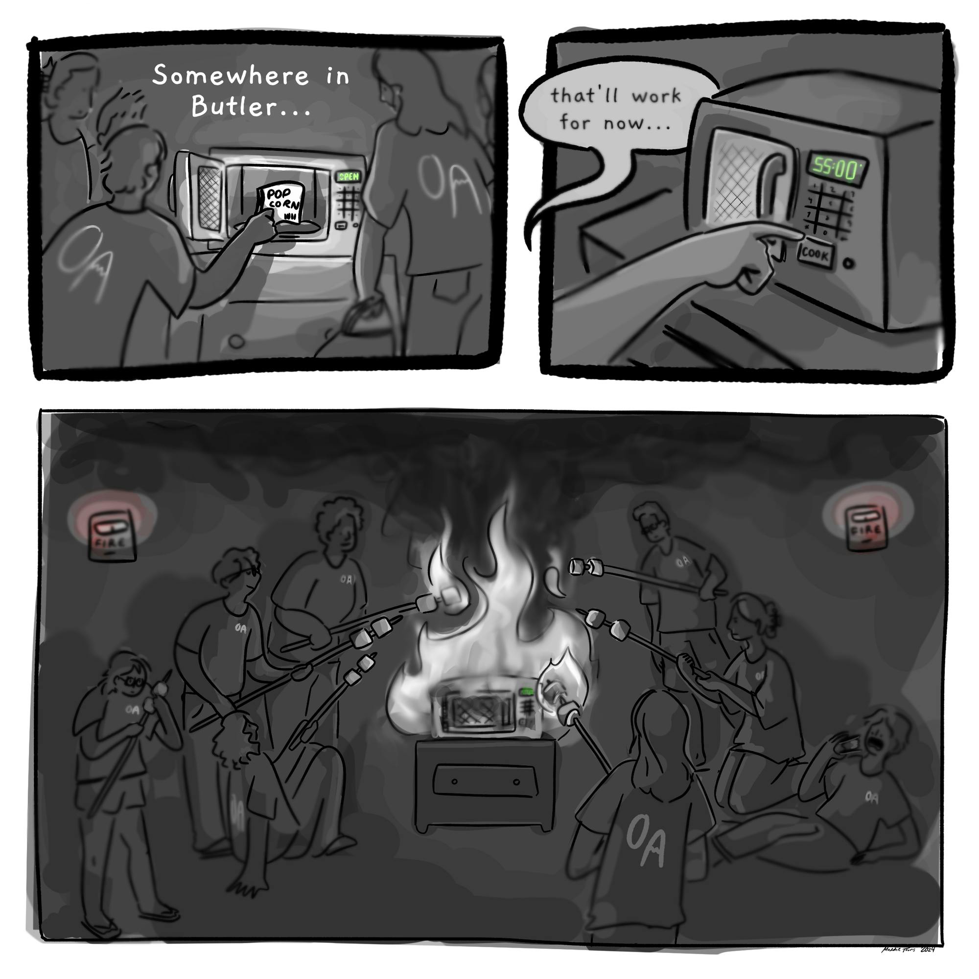 “Somewhere in Butler...”, students place popcorn in a microwave. One student sets the time to 55 minutes. The microwave catches fire and the students, all wearing OA (outdoor action) shirts, roast marshmallows over it.