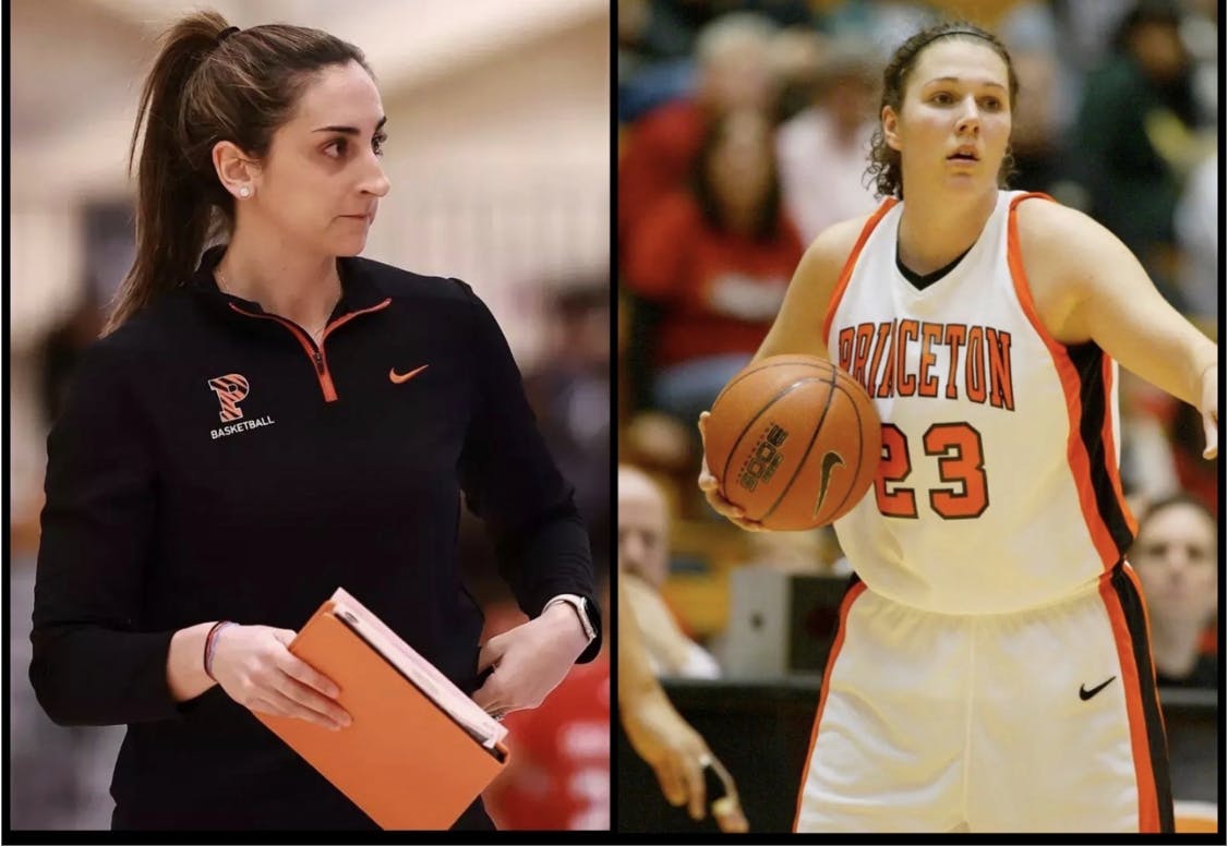 A woman on the right wearing black and holding a notebook, and a woman on the left wearing a white jersey and dribbling a basketball.