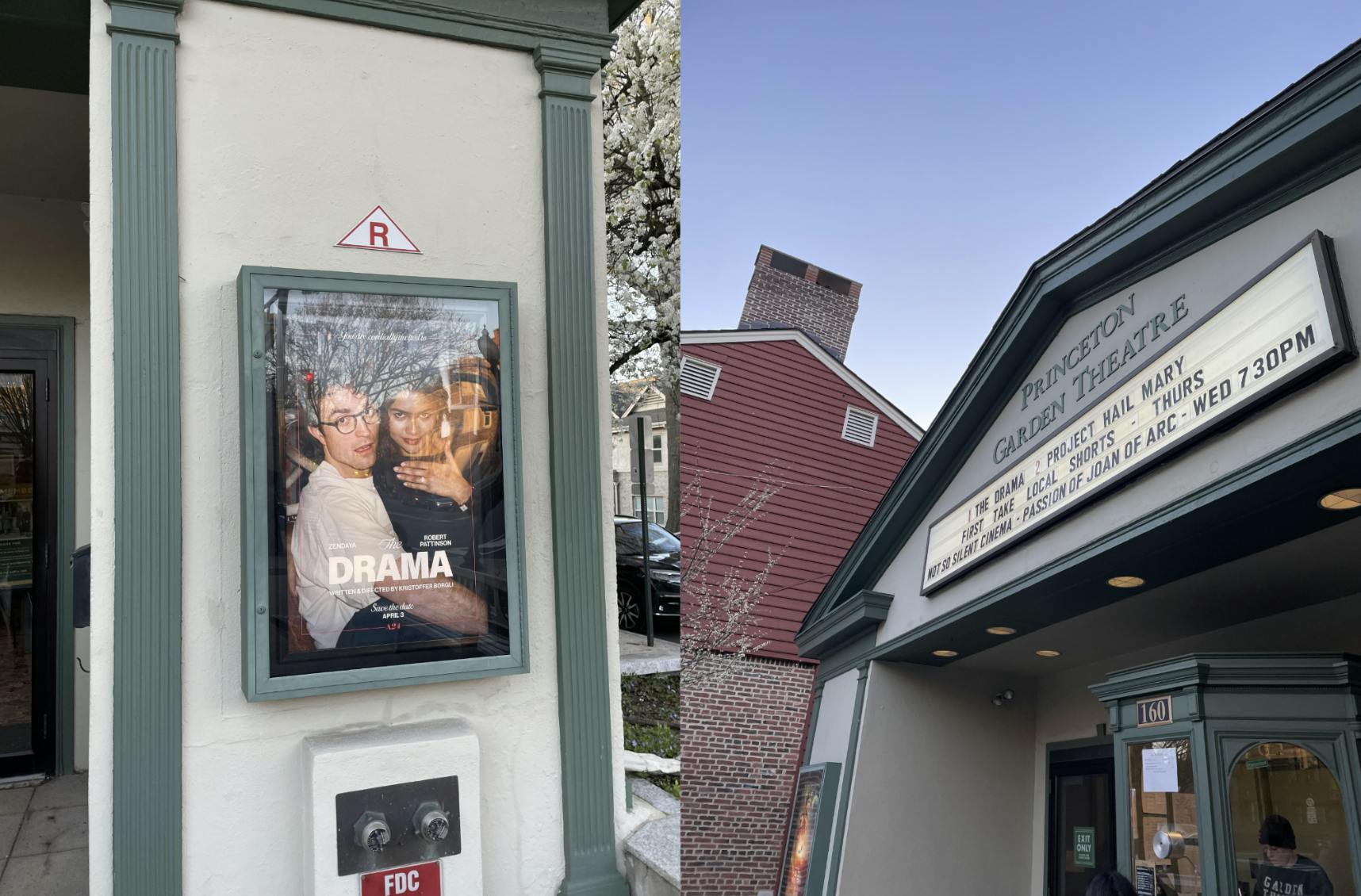 A white building with a green facade has a movie poster on it with a man in a white shirt and a woman in a black shirt and text, The Drama, in white font.