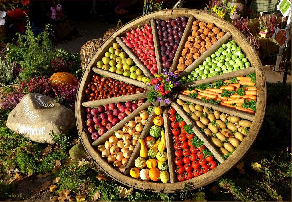 Twelve fruit and vegetable selections arranged in a circle on a wheel.