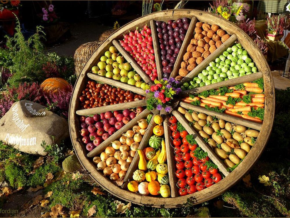 Twelve fruit and vegetable selections arranged in a circle on a wheel.
