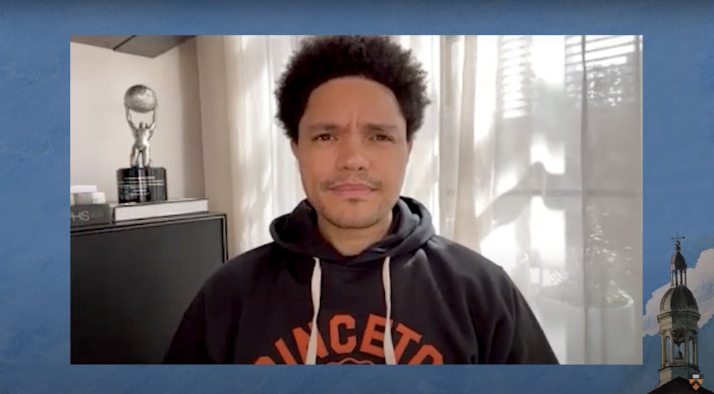 <h5>Trevor Noah speaks at the 2021 virtual Class Day ceremony.</h5>
<h6>Naomi Hess &nbsp;/ The Daily Princetonian</h6>