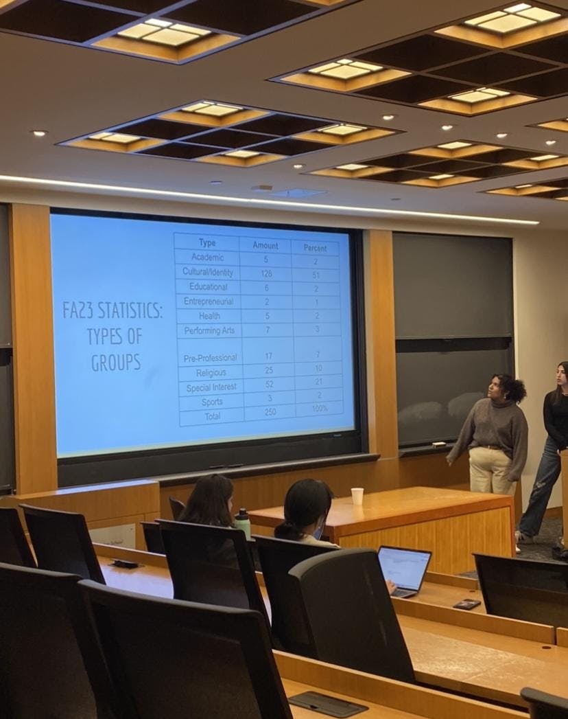 Two presenters stand next to a presentation screen.