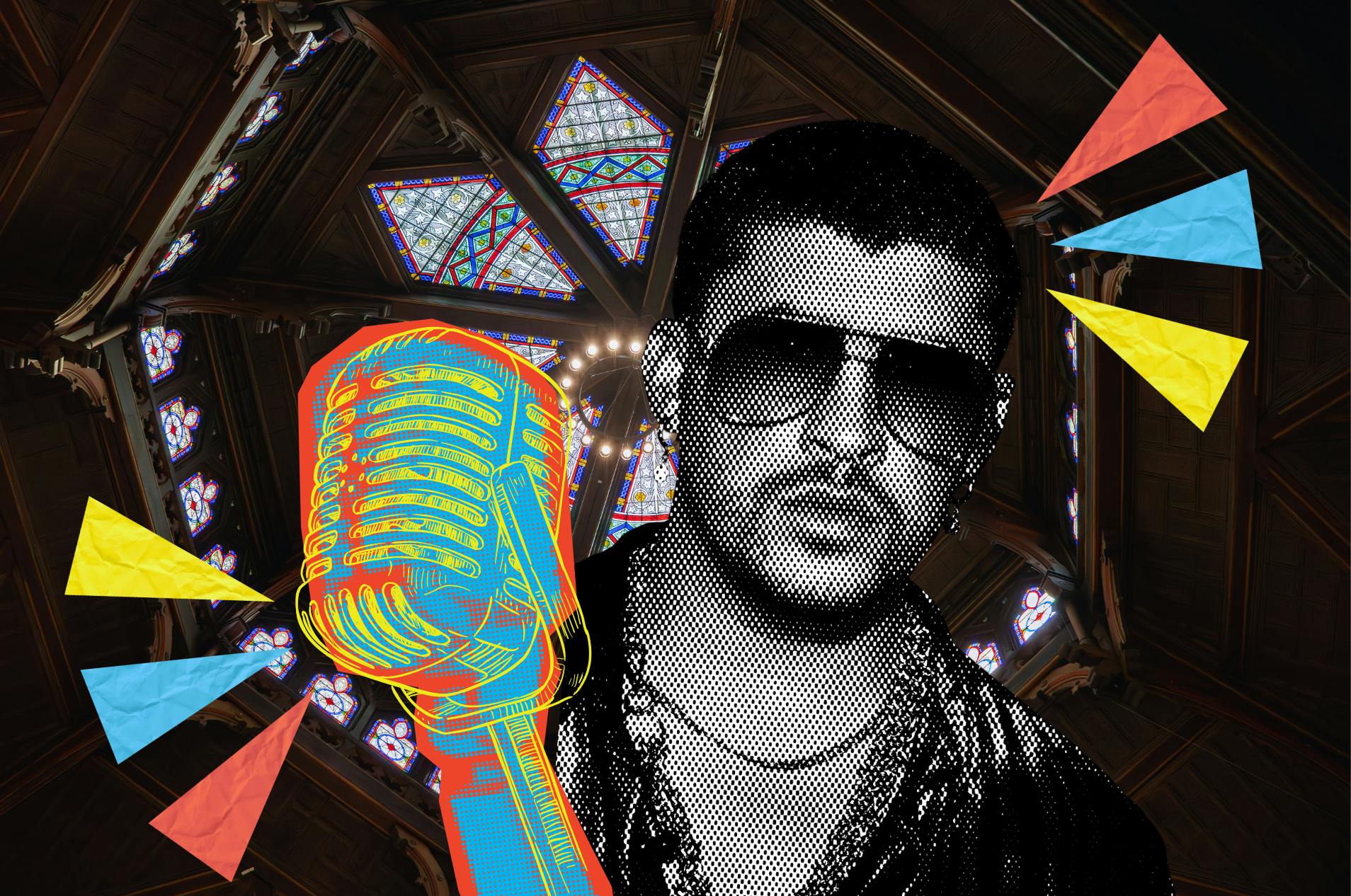 A photo of Chancellor Green Rotunda with Bad Bunny edited onto the photo. 