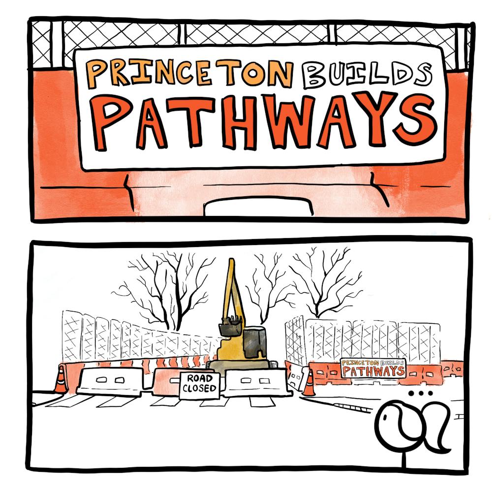 Girl sees ironic sign that says, "Princeton Builds Pathways" on construction that blocks a literal footpath.