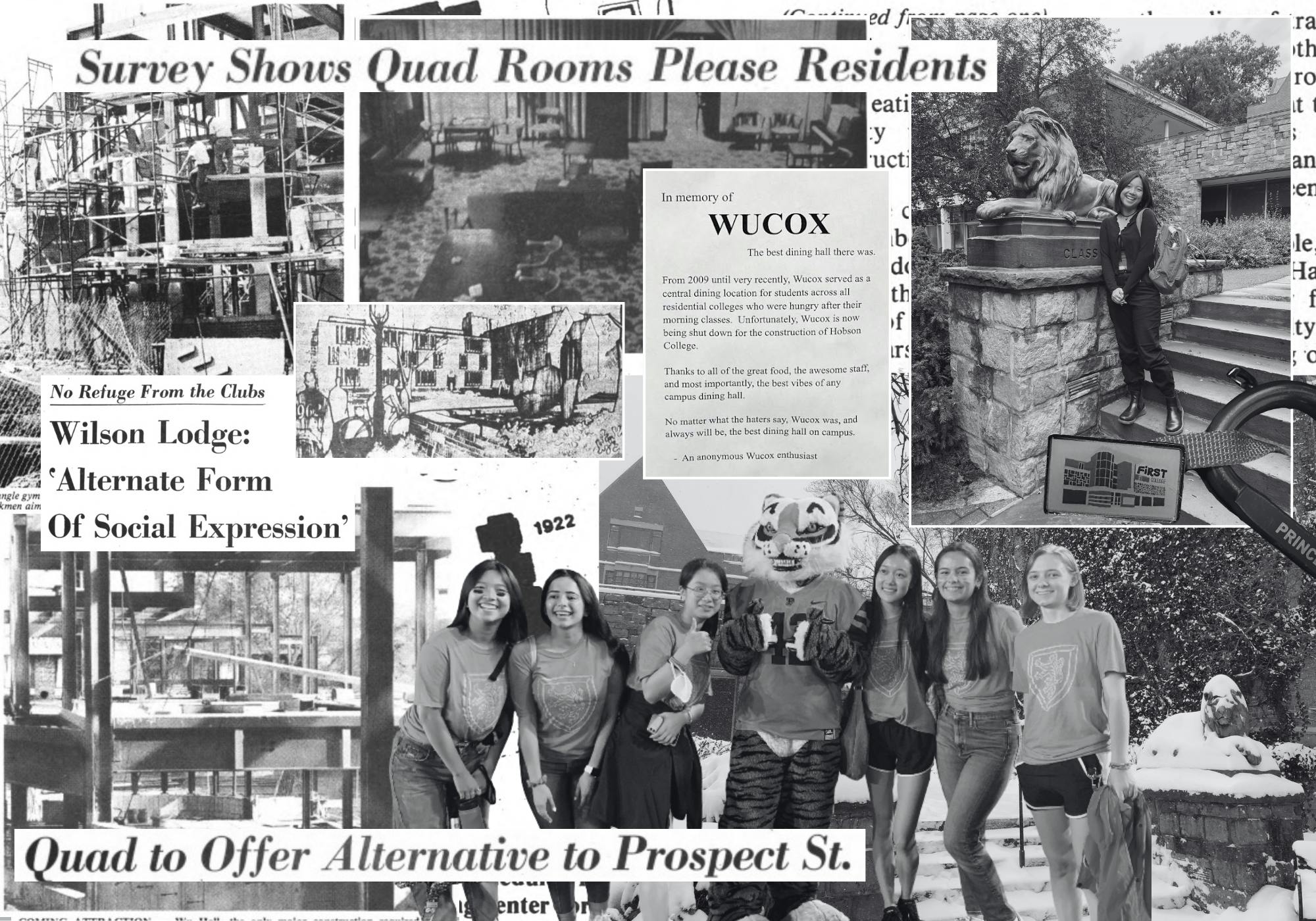 A collage of black and white photographs of people, articles, and construction.